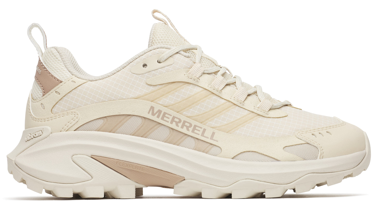 Beige trail running shoe with thick sole, and the word 'MERRELL' in beige letters.