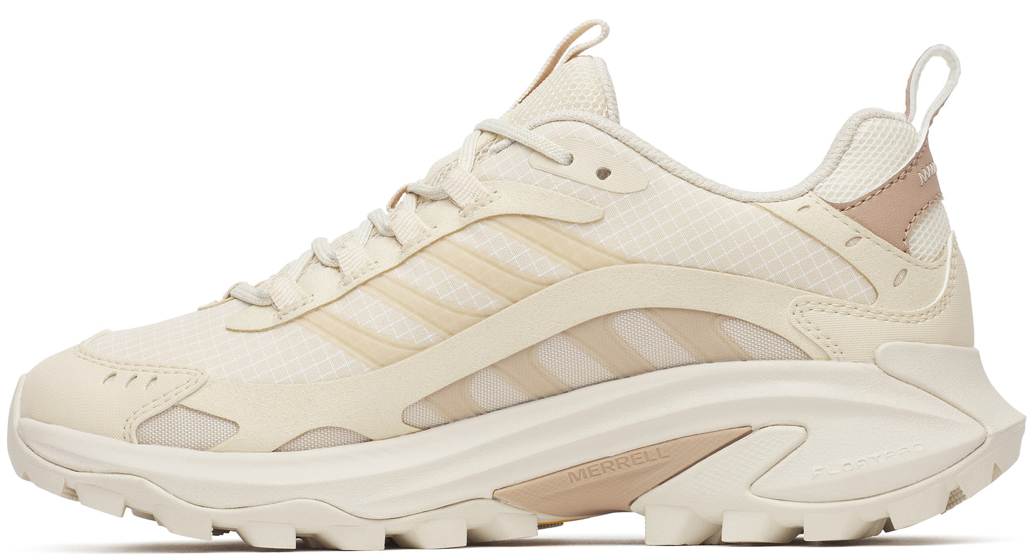 Off-white athletic shoe with beige stripes and chunky sole.