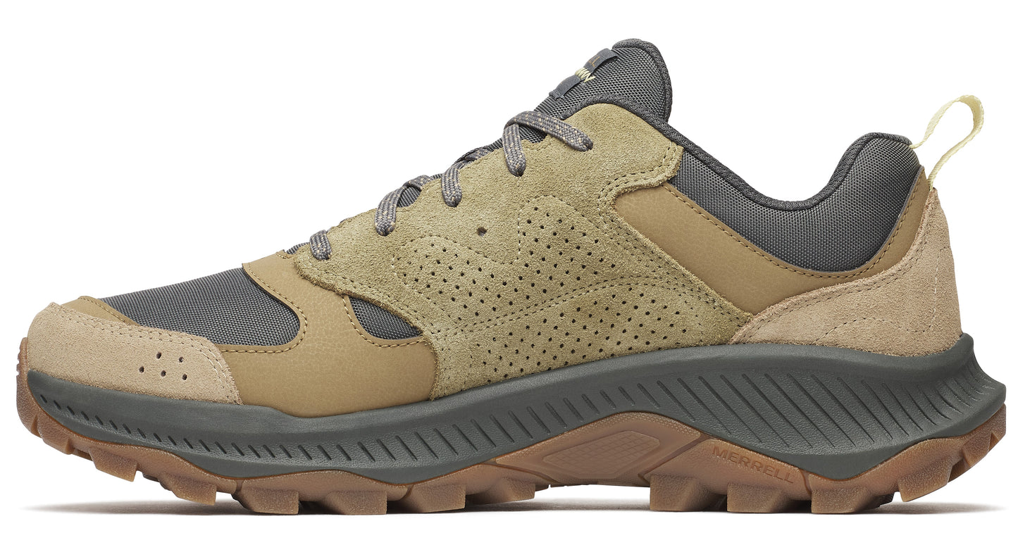 Low profile, brown, tan, and grey running shoe with a textured sole and perforated suede panels.