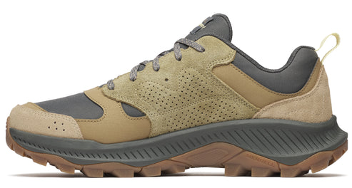 Low profile, brown, tan, and grey running shoe with a textured sole and perforated suede panels.