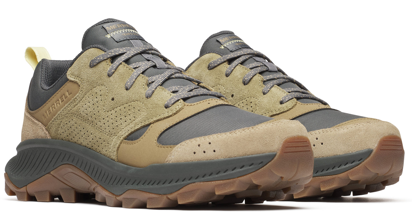 Pair of low top hiking shoes in khaki, grey, and brown with nubby soles.