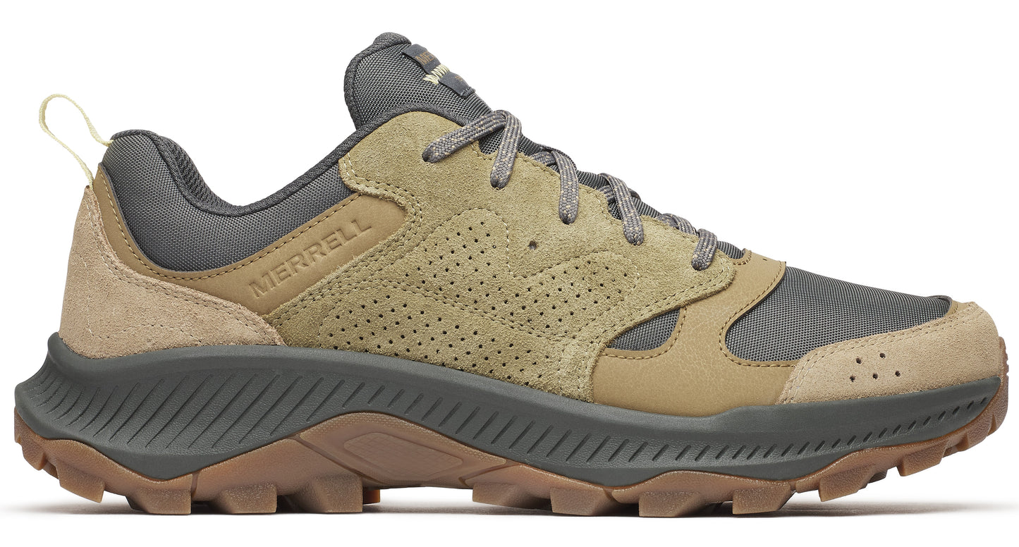 Low-top hiking shoe with tan and gray suede and textile upper, gray laces, and brown lugged sole.