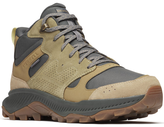 Mid-top hiking shoe in khaki and gray with textured sole and gray laces.
