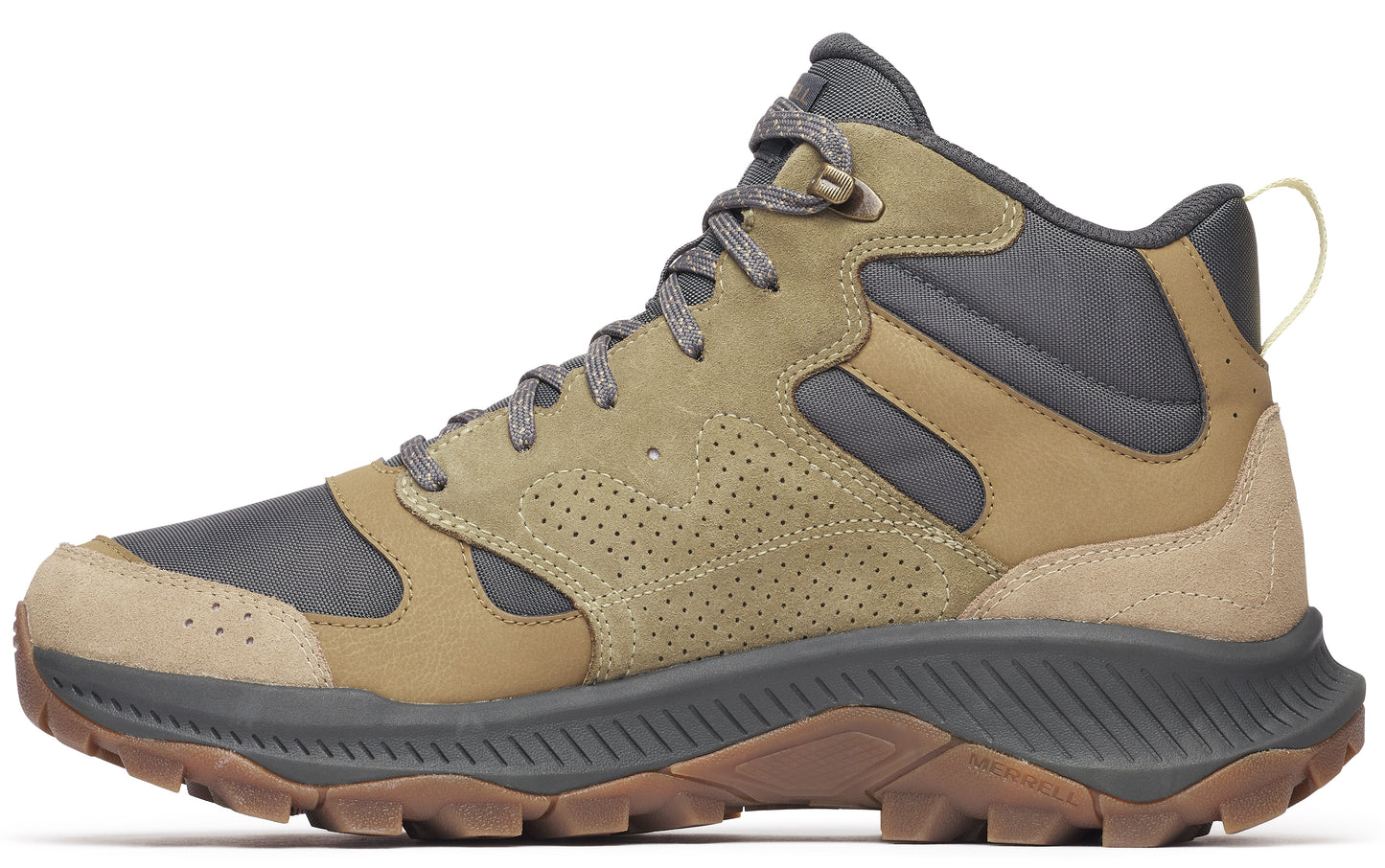 Hiking boot with gray soles, tan accents, perforated side panels, and rope laces.