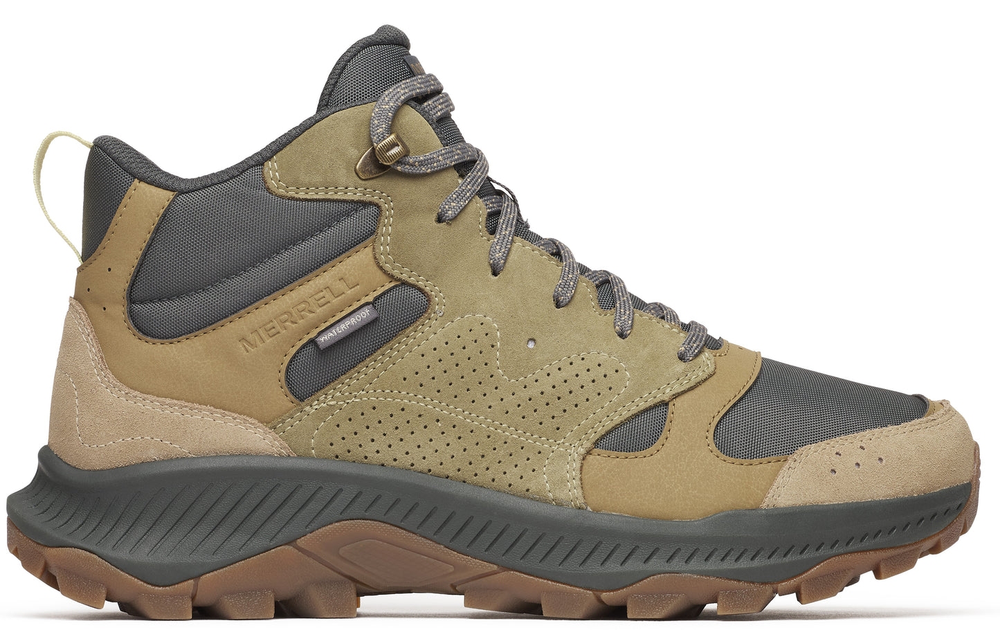 Tan hiking boot with gray accents, mid-height, lace-up closure, and rugged sole.