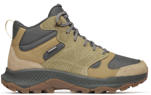 Tan hiking boot with gray accents, mid-height, lace-up closure, and rugged sole.