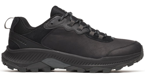 All black low-top leather hiking shoe with dark gray laces and black soles.