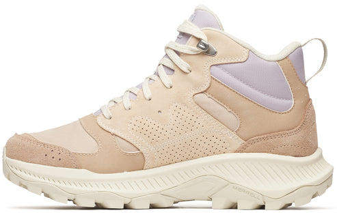 Tan and lilac hiking boot with a thick, rugged, white sole.