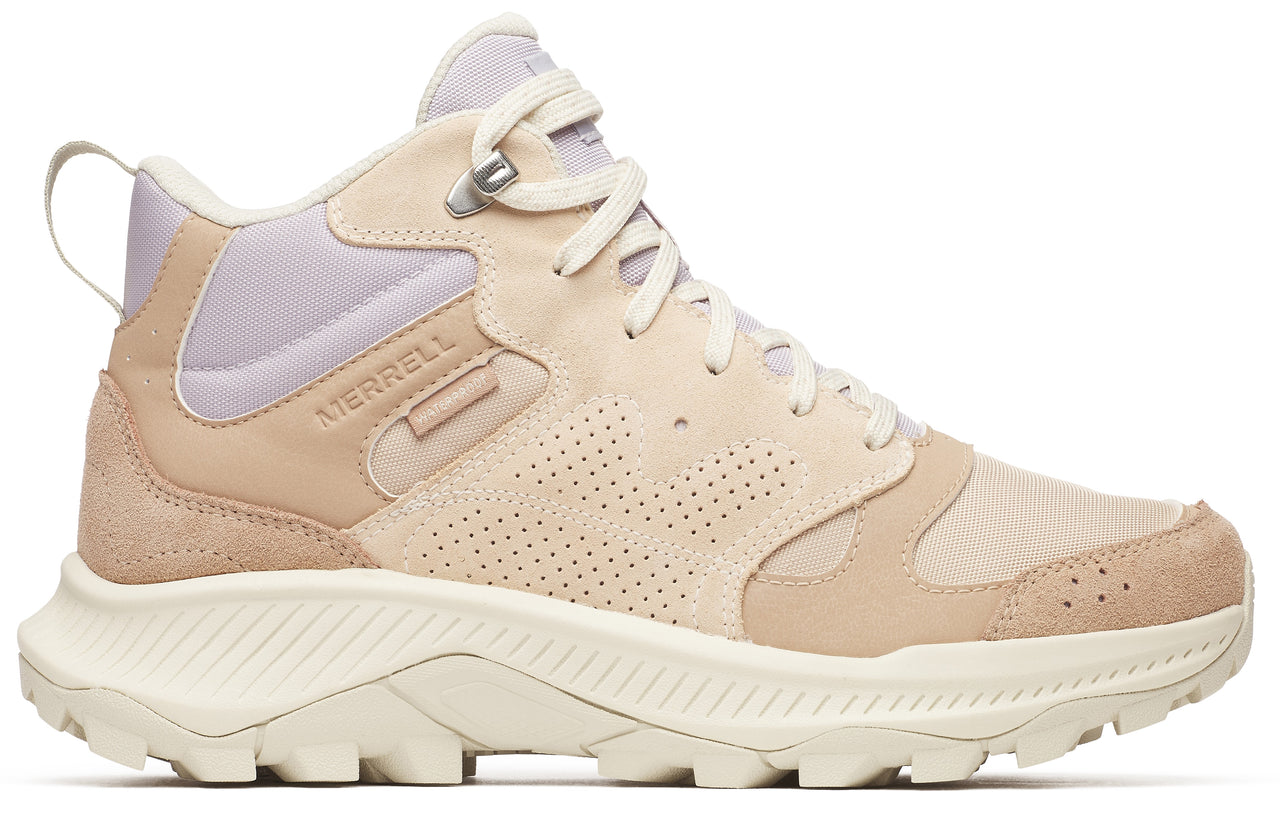 Beige and light purple high-top hiking shoe with a textured white sole and lace-up closure.