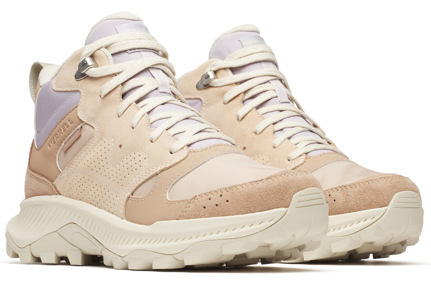 Tan suede and beige leather high top shoe with off-white laces and lug sole.