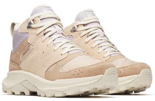 Tan suede and beige leather high top shoe with off-white laces and lug sole.