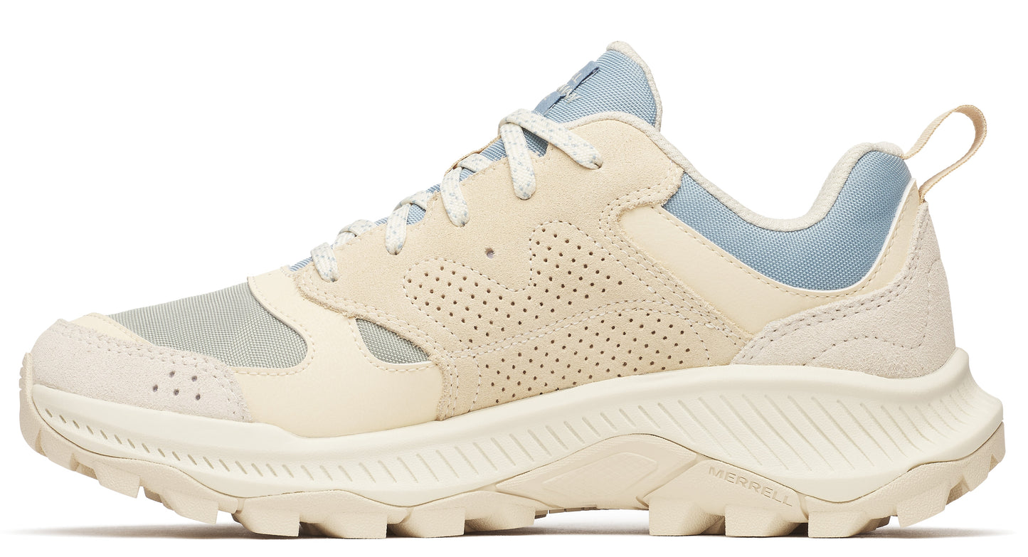 A low-rise sneaker with a light gray mesh toe and heel, and off-white suede details and chunky tread.