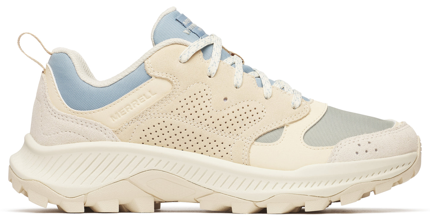 Off-white athletic shoe with a blue collar and off-white laces.