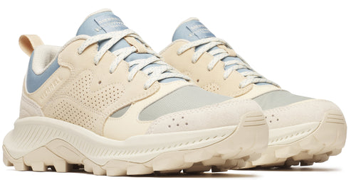 Off-white running shoes with light blue accents and rugged sole.