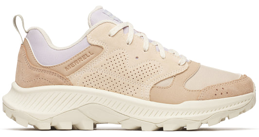 Beige low-top sneaker with off-white laces and a thick, lugged sole. "MERRELL" is printed on the side.