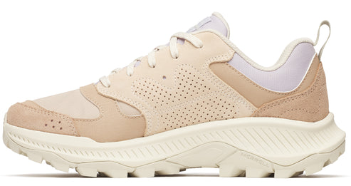 Beige low-top athletic shoe with tan suede accents and a sculpted white sole.