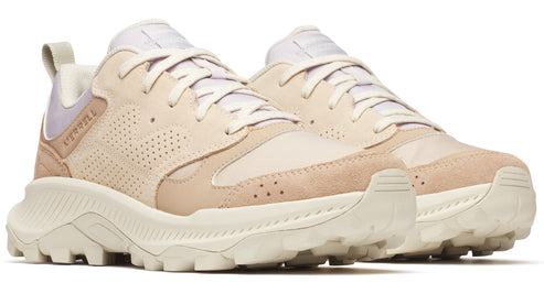Low profile sneaker in cream and beige, with thick treaded sole and perforated side.