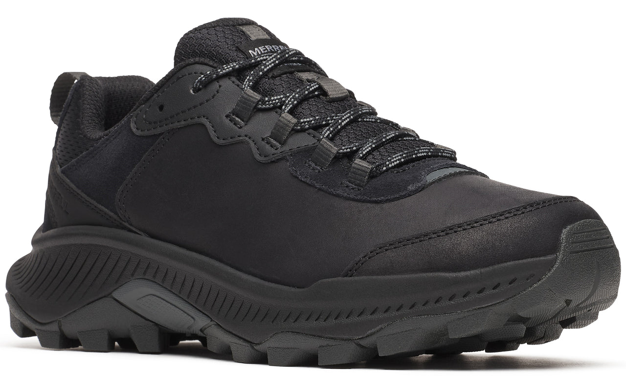 All black trail running shoe with textured laces and sole.