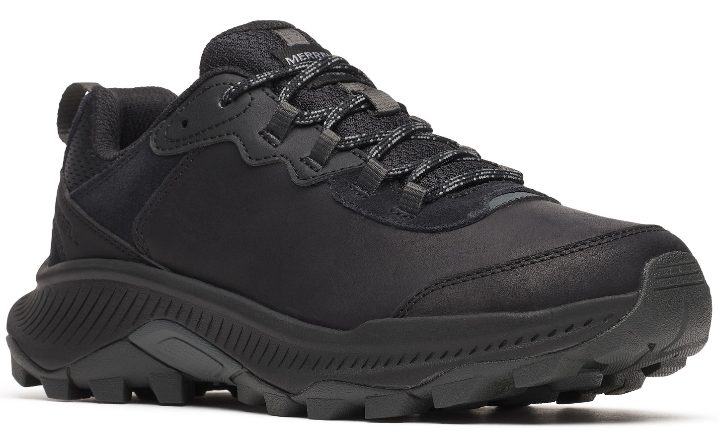 All black trail running shoe with textured laces and sole.