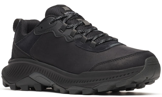 All black trail running shoe with textured laces and sole.