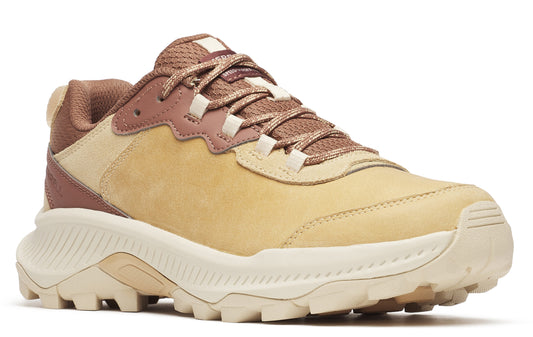 Tan hiking shoe with textured sole and patterned laces.