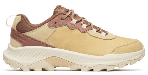 Beige and light brown low-top hiking shoe with white soles.