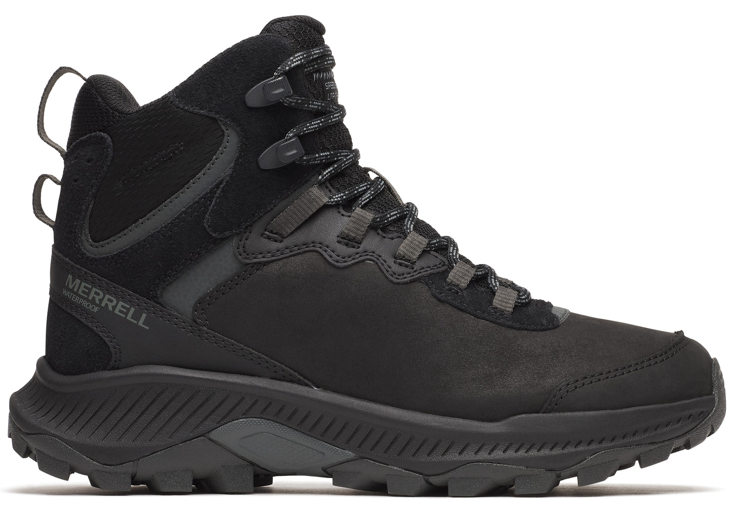 Black mid-top hiking boot with lace-up closure, textured sole, and a loop at the heel.