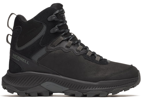 Black mid-top hiking boot with lace-up closure, textured sole, and a loop at the heel.