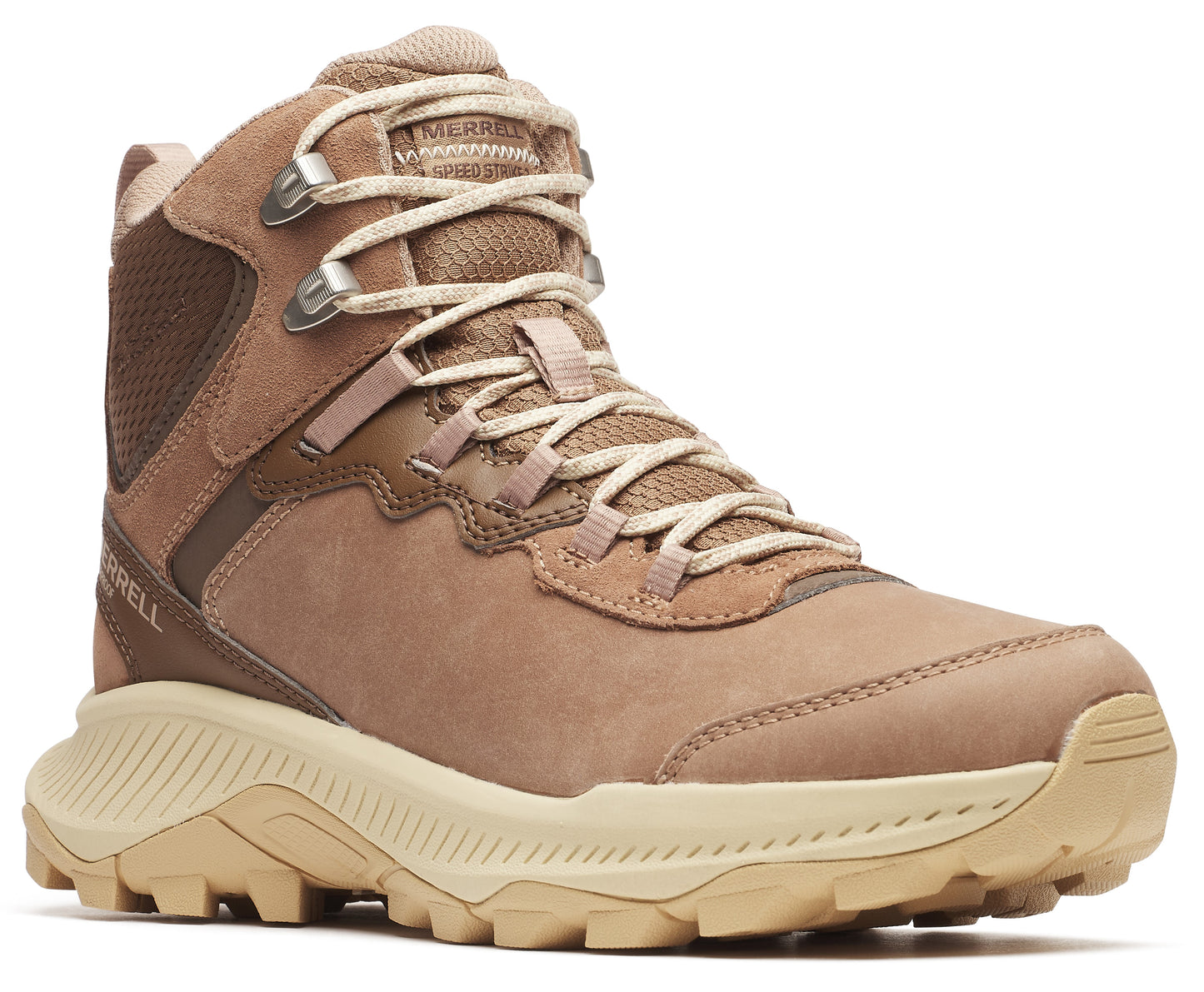 Tan-colored hiking boot with high ankle support and intricate lacing.