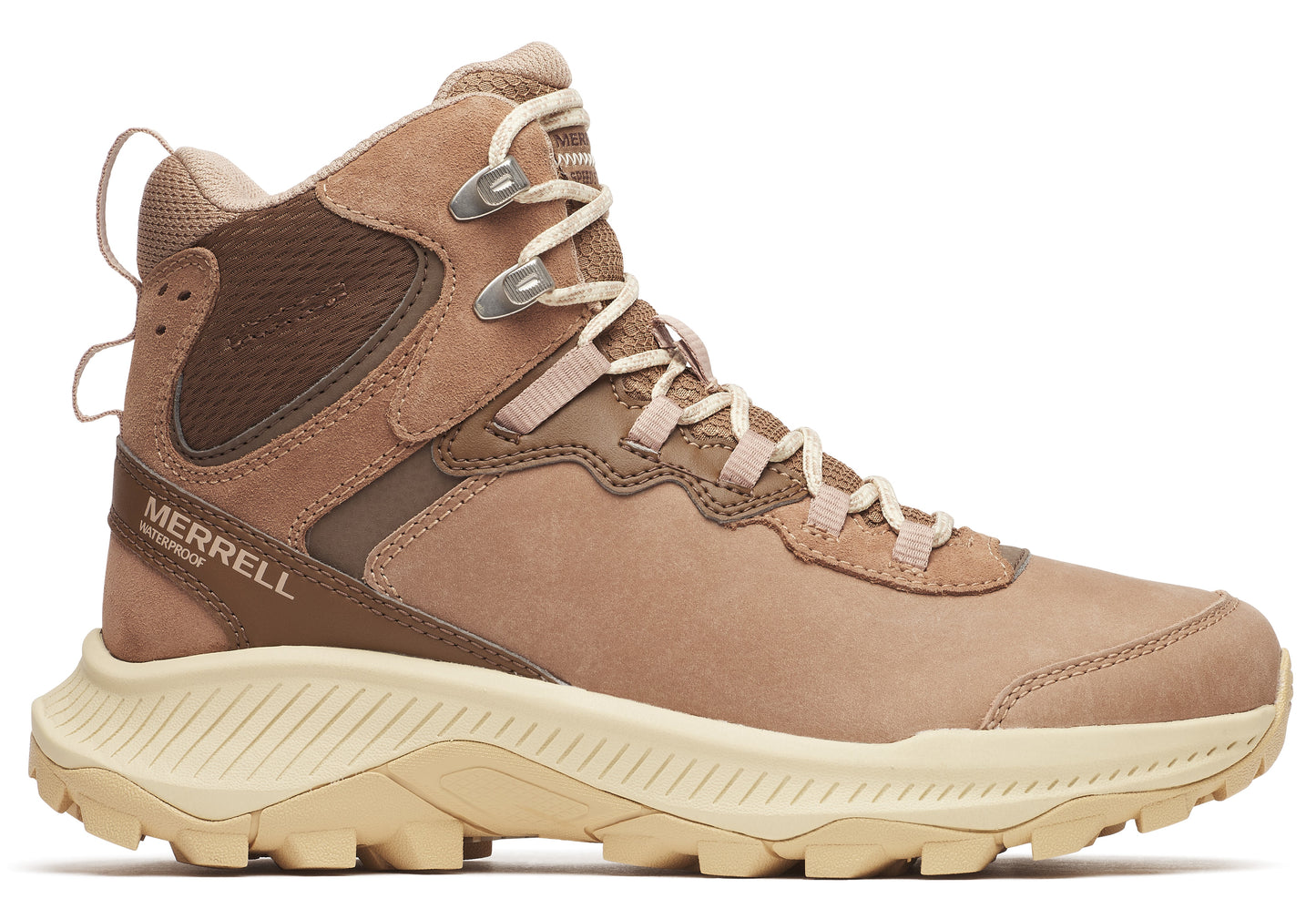Tan mid-rise hiking boot with tan laces and a cream colored sole.