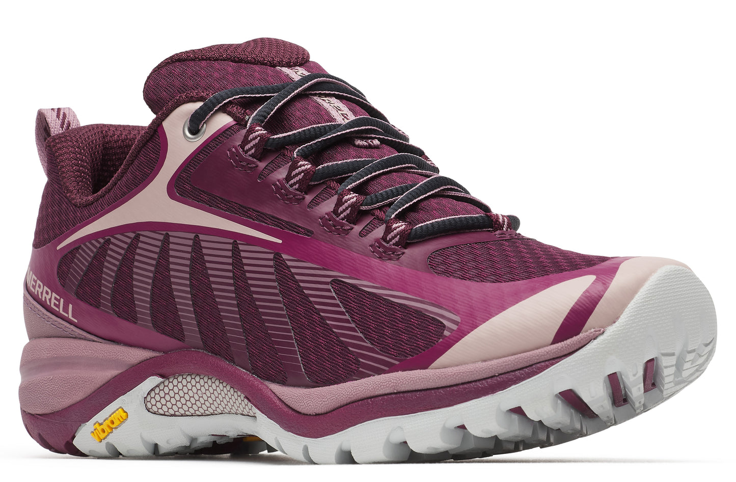 Purple running shoe with black laces and a white sole.