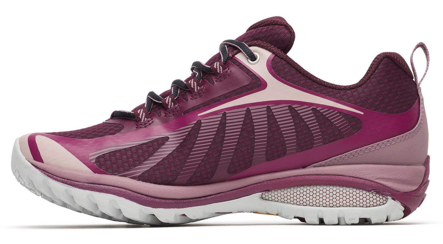 Maroon and pink athletic shoe with mesh and stripe detail and white sole.