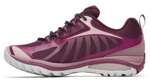 Maroon and pink athletic shoe with mesh and stripe detail and white sole.