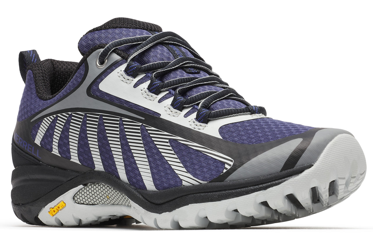 A purple hiking shoe with gray accents and black laces.