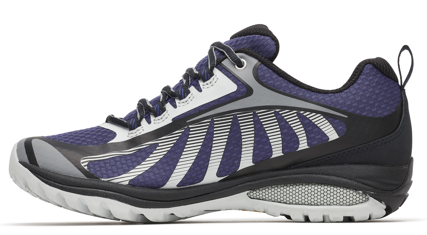 A navy and white athletic shoe with black heel and gray toe.