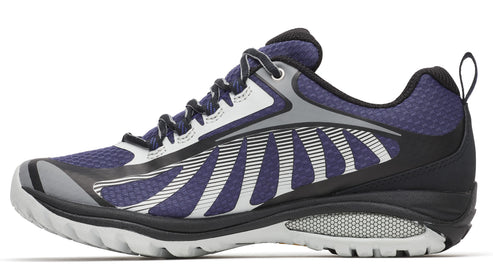 A navy and white athletic shoe with black heel and gray toe.