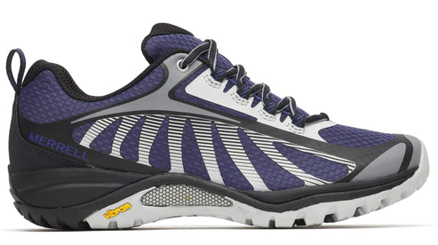 Running shoe with gray and purple design, black laces and sole.