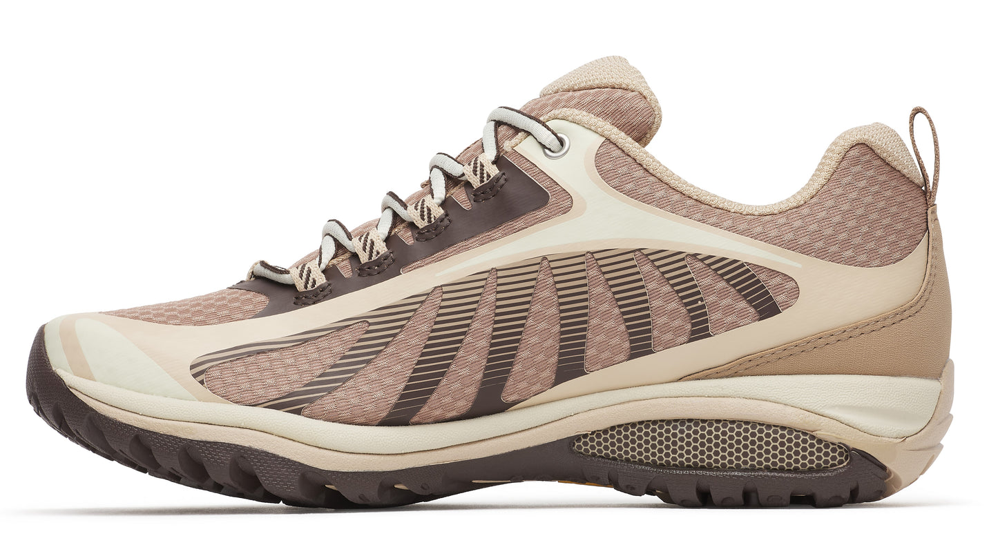 Beige and brown athletic shoe with a lugged sole, mesh upper, and lace-up closure.
