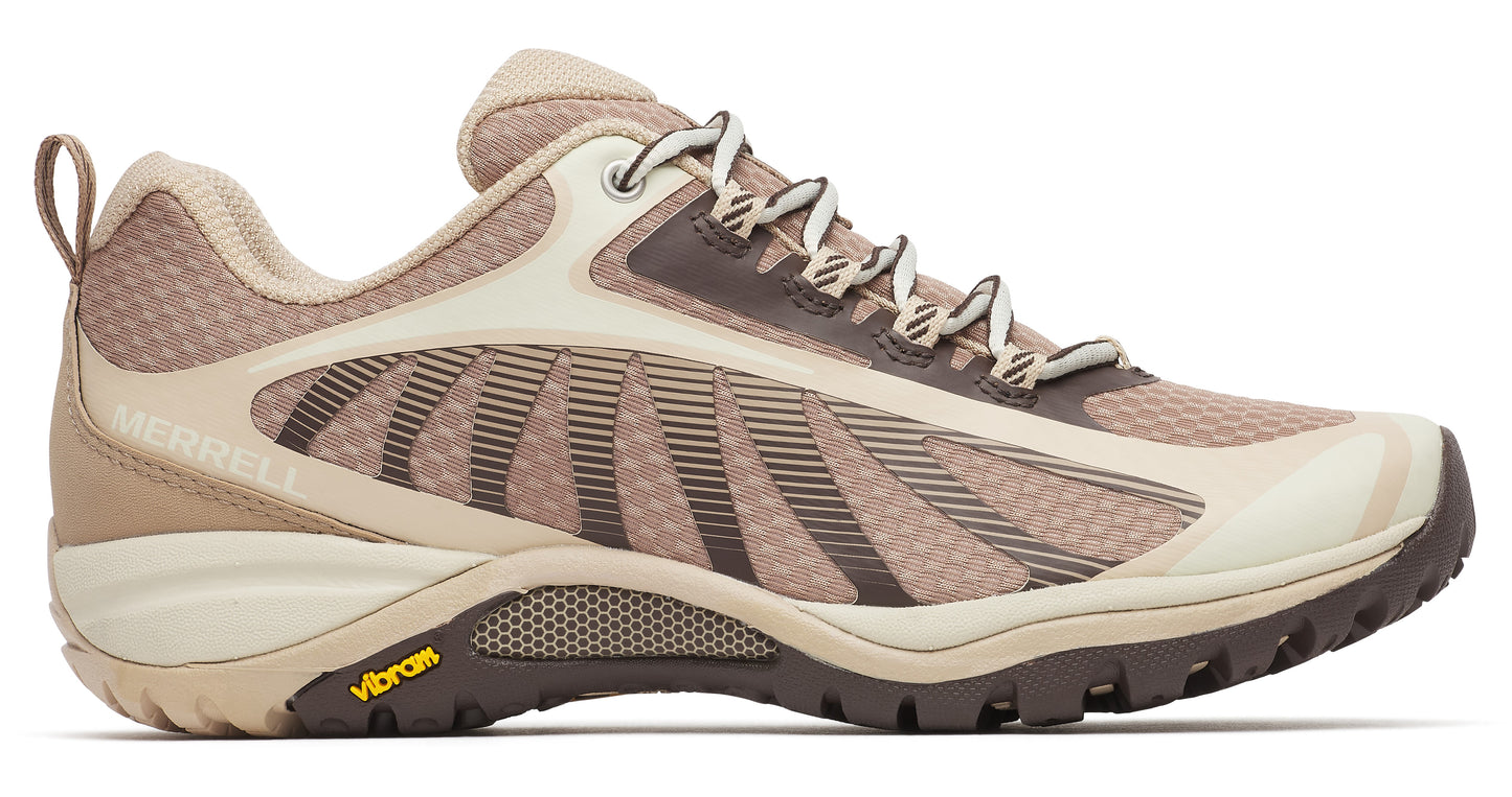 Beige athletic shoe with brown accents and Vibram sole.