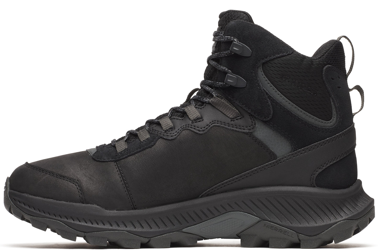 A black hiking boot with a high ankle, lace-up closure, and a thick, lugged sole.