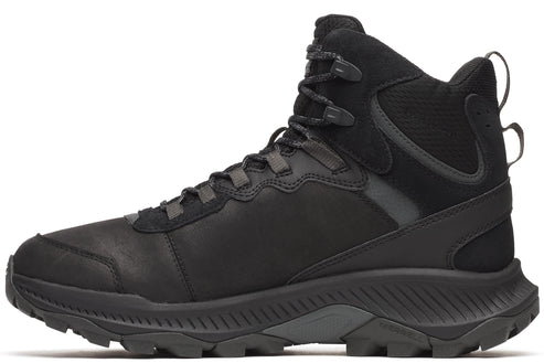 A black hiking boot with a high ankle, lace-up closure, and a thick, lugged sole.