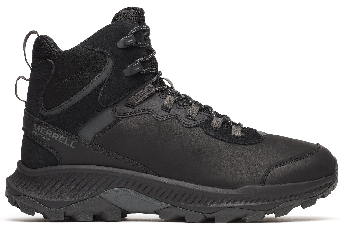 Black waterproof high-top hiking boot with textured sole and the word "MERRELL".