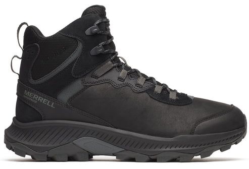 Black waterproof high-top hiking boot with textured sole and the word "MERRELL".