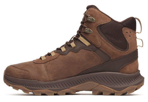 Brown leather hiking boot with metal eyelets and a rugged sole.