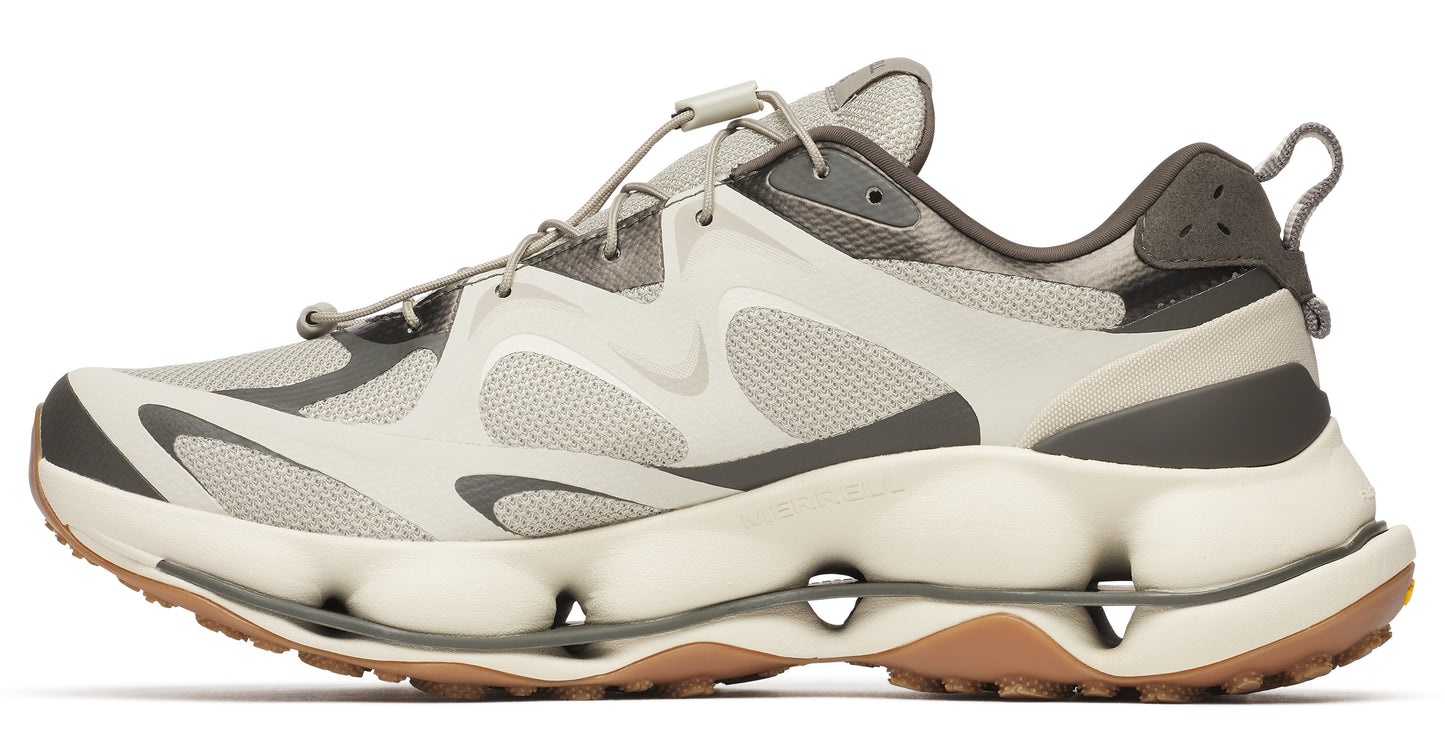 Tan and gray sneaker with toggle lacing, and stacked rounded white sole on brown tread.