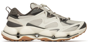 A hiking shoe with a taupe upper, brown trim, and a bulky white sole with cutouts.