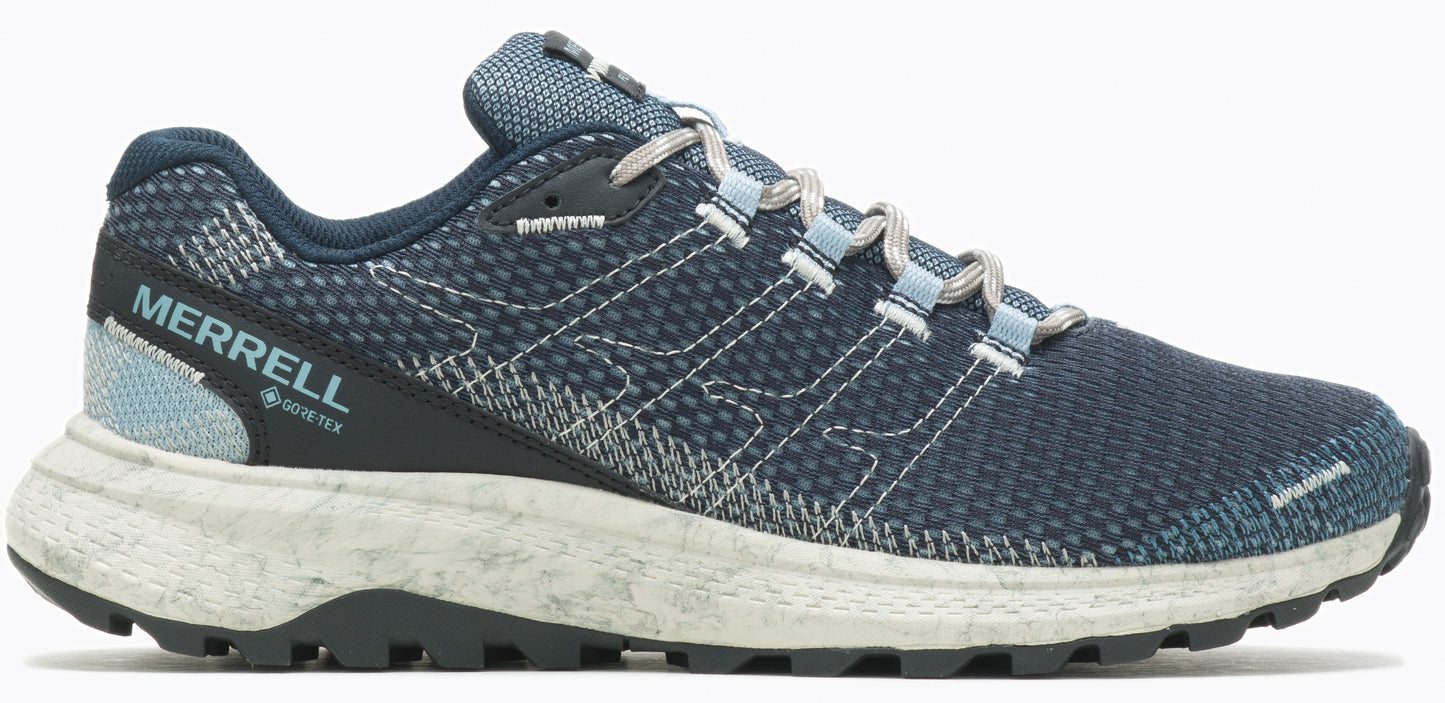 A blue hiking shoe with light-colored laces.