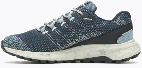 A side view of a low-rise sneaker with a blue upper, a white and grey sole, and grey laces.