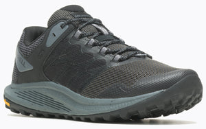 A black trail running shoe featuring a mesh upper, gray accents, and a lugged outsole.