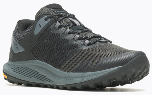 A black trail running shoe featuring a mesh upper, gray accents, and a lugged outsole.